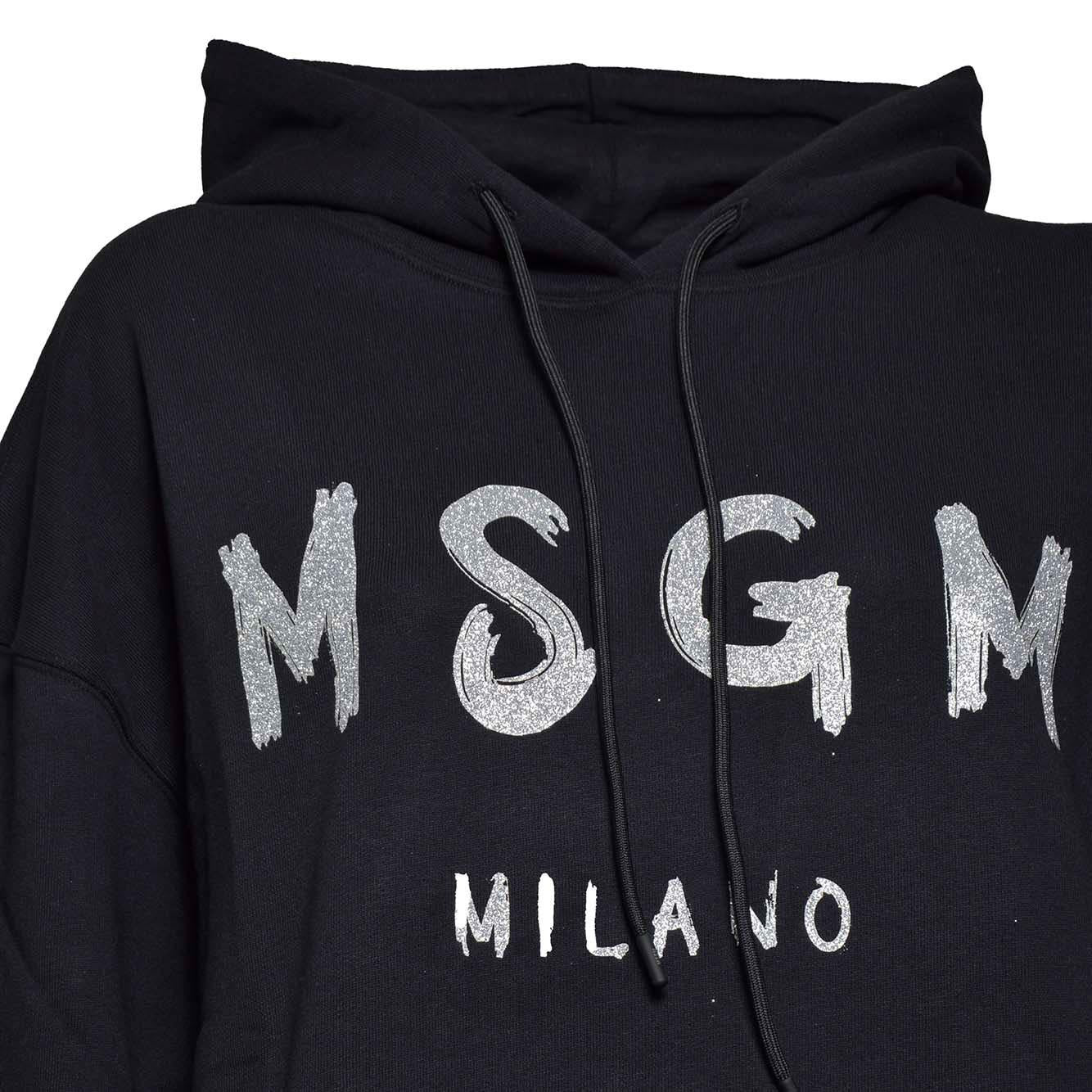 Felpa con cappuccio in cotone nero stampa pennello glitter MSGM 