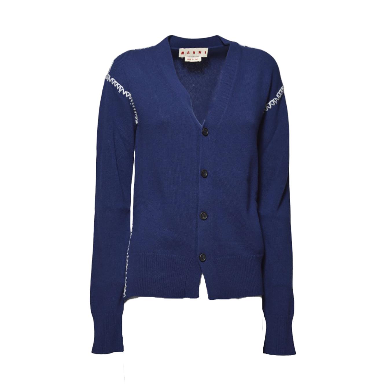Cardigan in cashmere e lana blu con ricamo Marni 