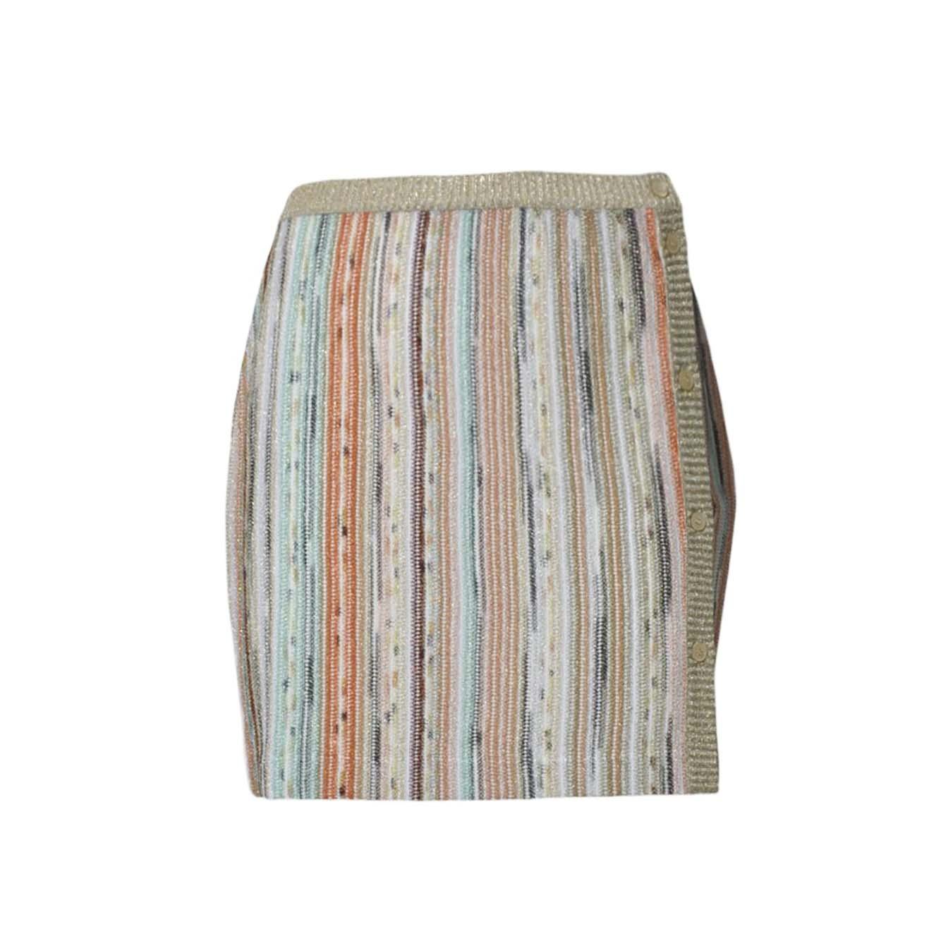 Minigonna in viscosa lamé a righe multicolore con bottoni Missoni 