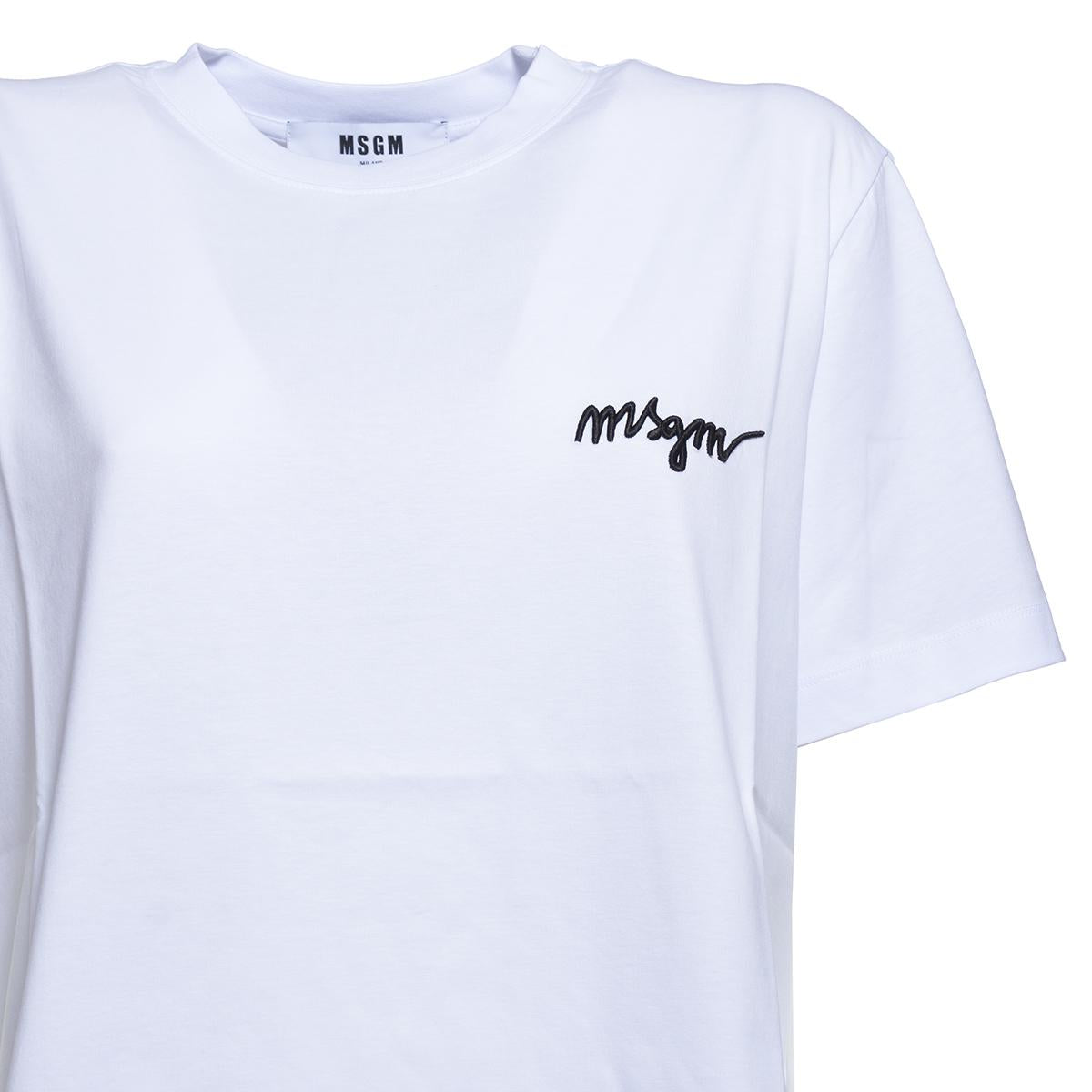 T-shirt in cotone bianco con ricamo logo MSGM 