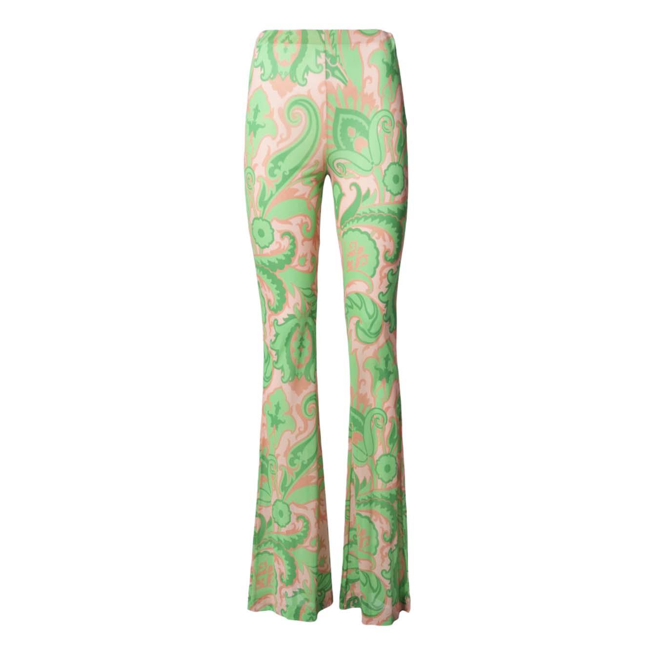 Pantalone flare in viscosa verde stampa paisley rosa e verde Etro 