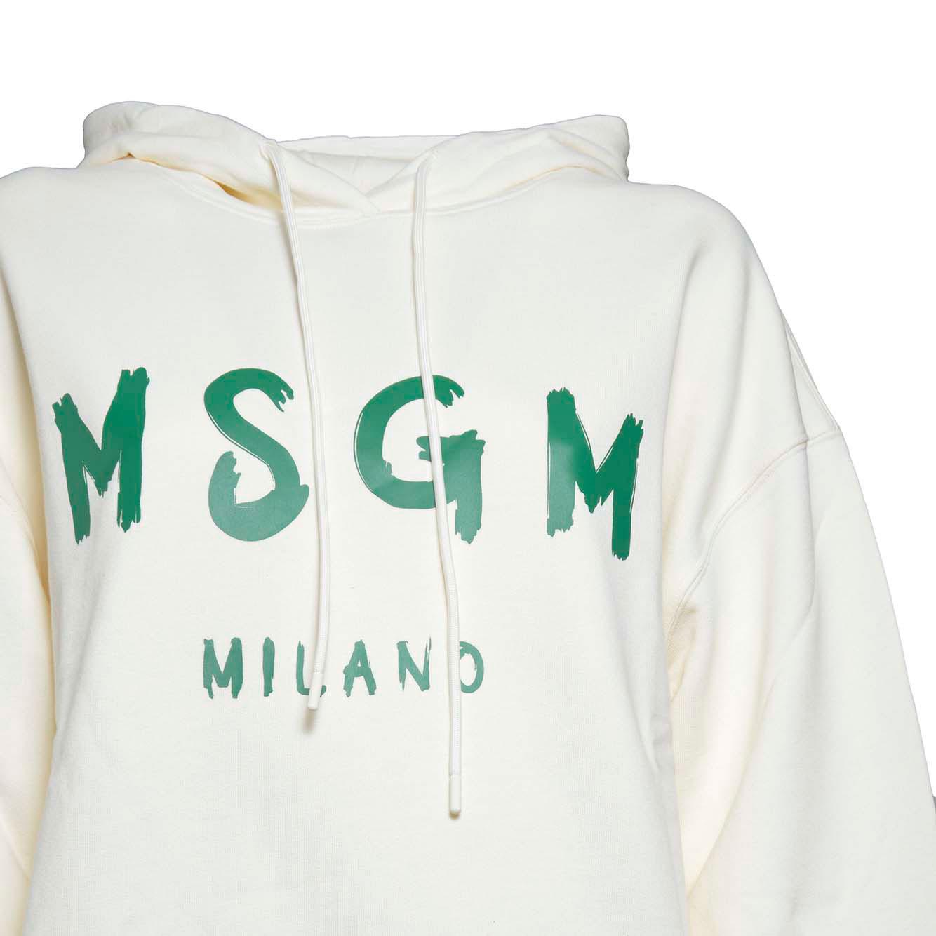 Felpa con cappuccio in cotone panna stampa pennello verde MSGM 