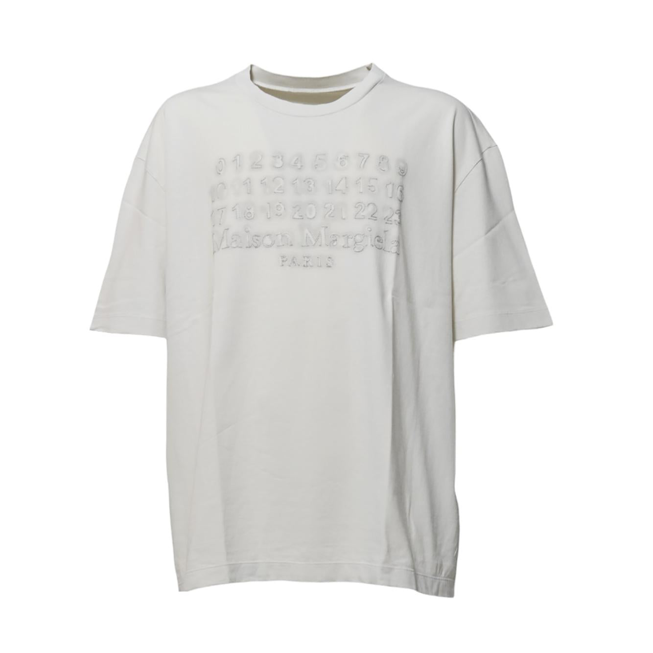 T-shirt in cotone panna con logo rilievo Maison Margiela 