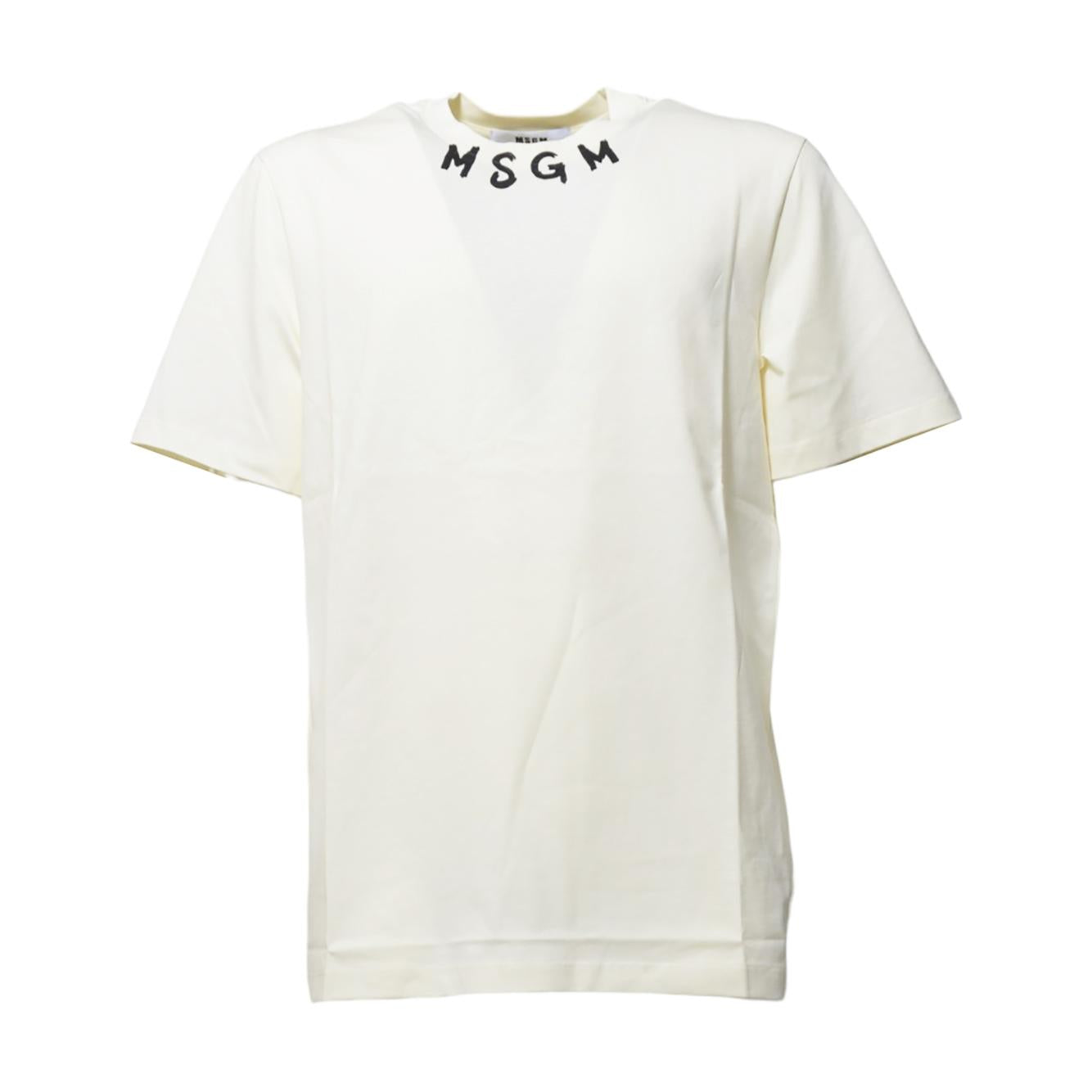 T-shirt in cotone panna stampa logo su collo MSGM 