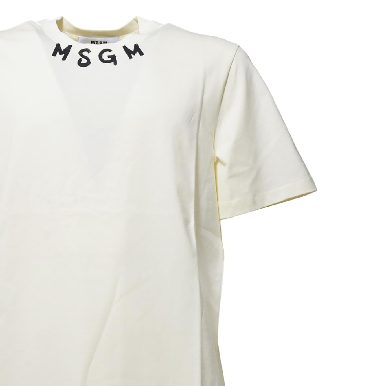 T-shirt in cotone panna stampa logo su collo MSGM 