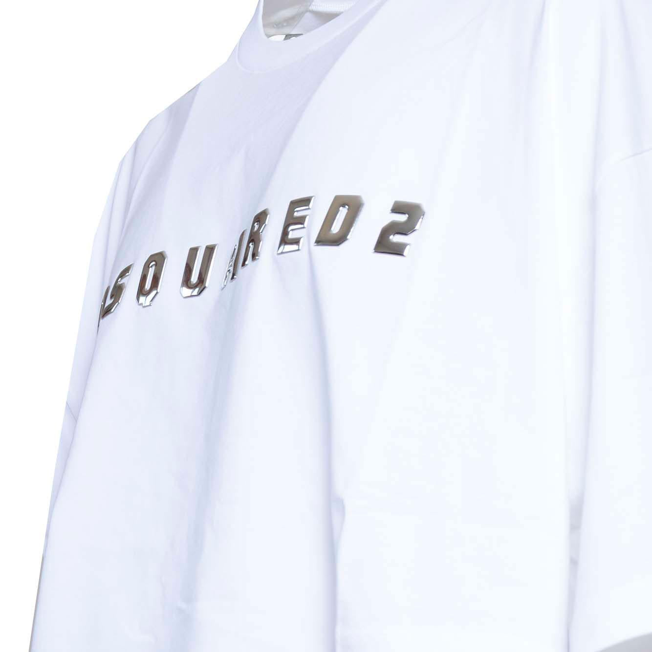 T-shirt oversize crop in cotone bianco con logo argento Dsquared2 