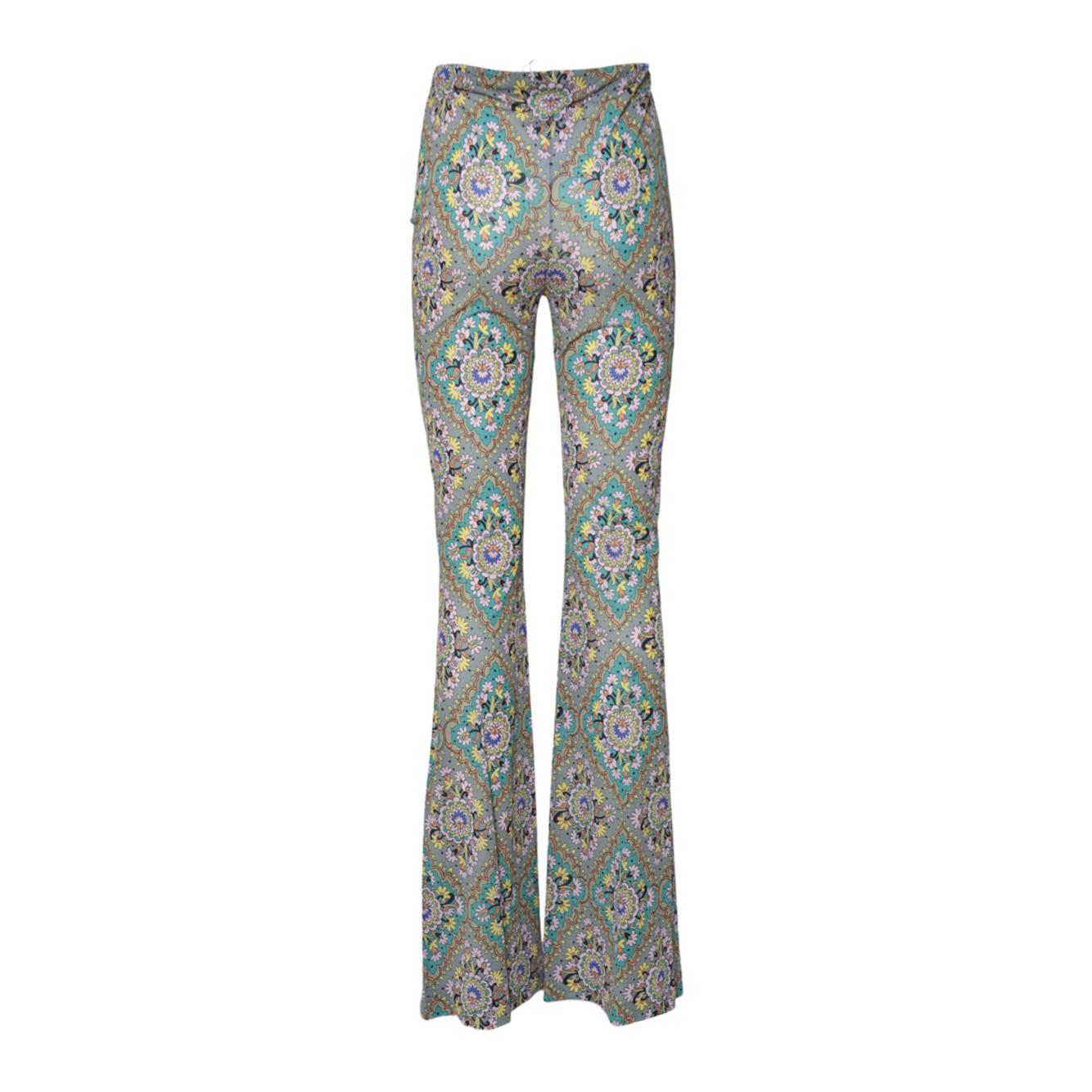 Pantalone flare in viscosa verde stampa medaglioni floreali Etro 