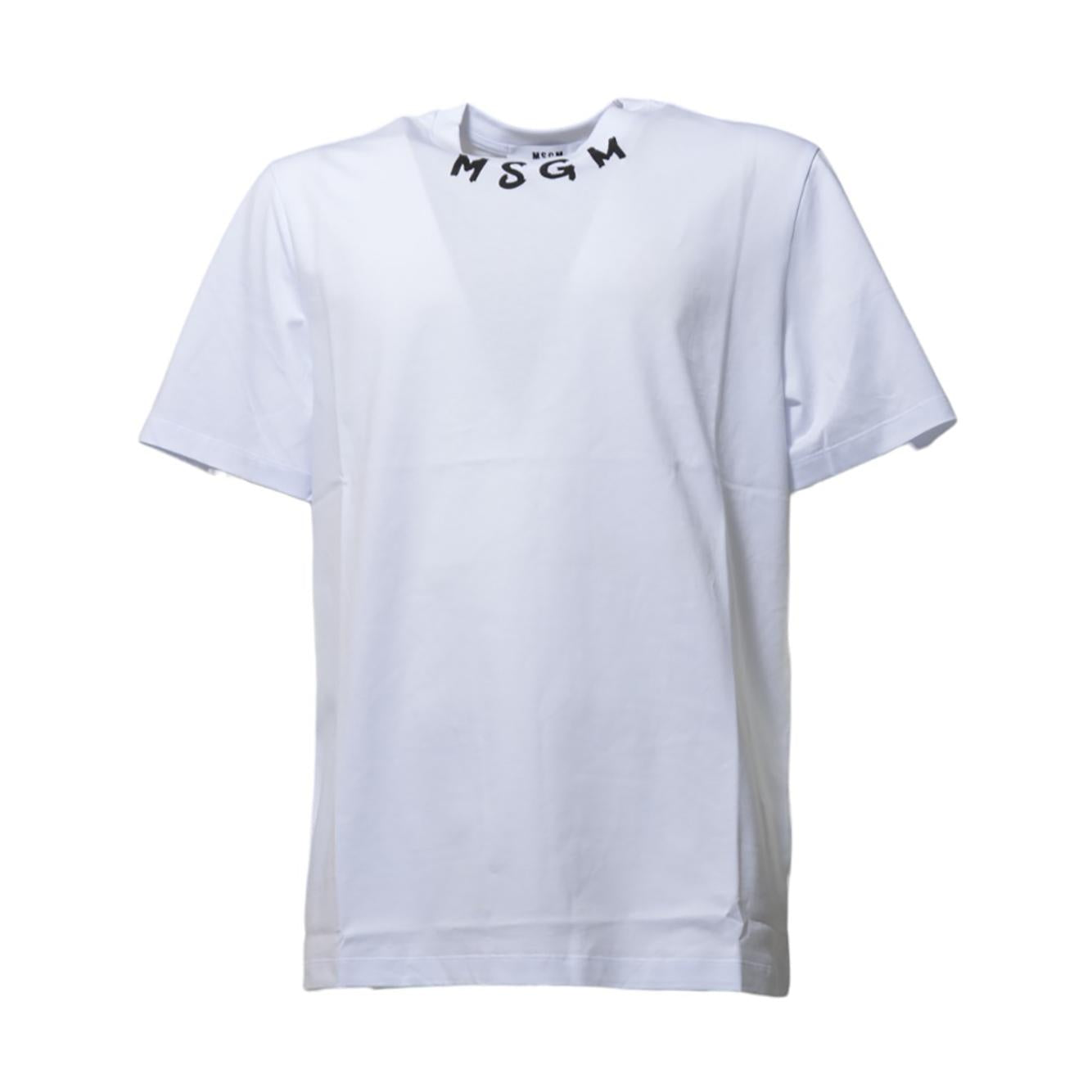 T-shirt in cotone bianco stampa logo su collo MSGM 