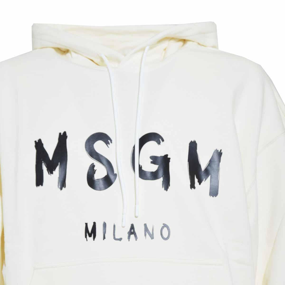 Felpa con cappuccio in cotone crema con stampa logo MSGM 