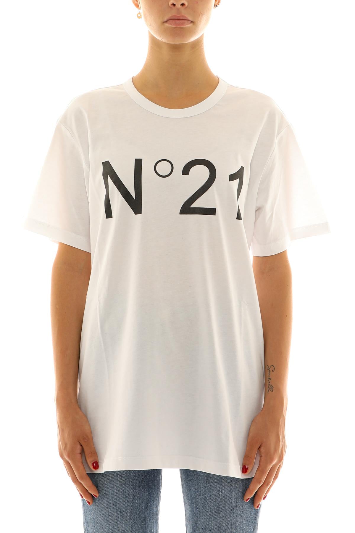 T-shirt over in cotone bianco con stampa logo N°21 