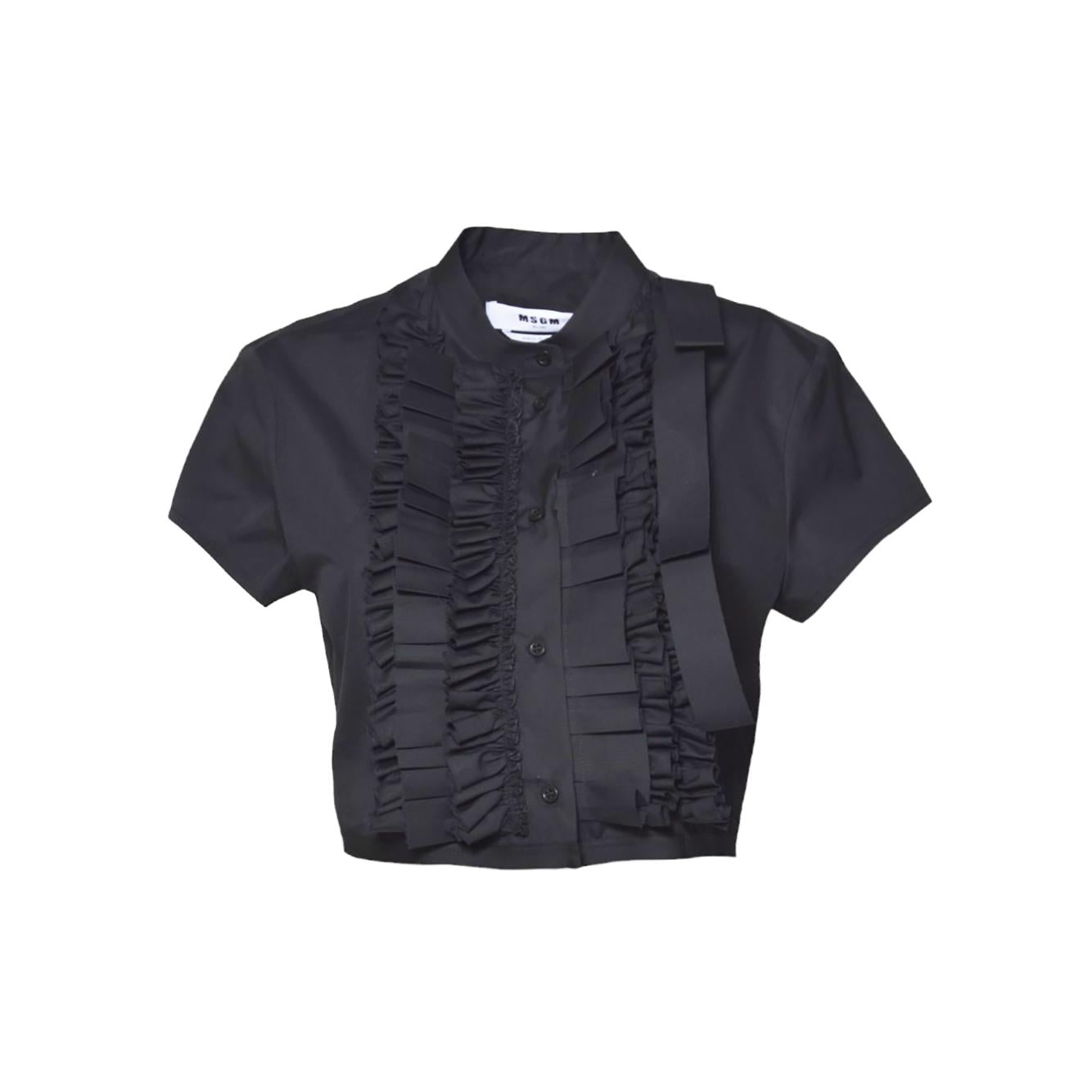 Camicia cropped in cotone nero plissè MSGM 