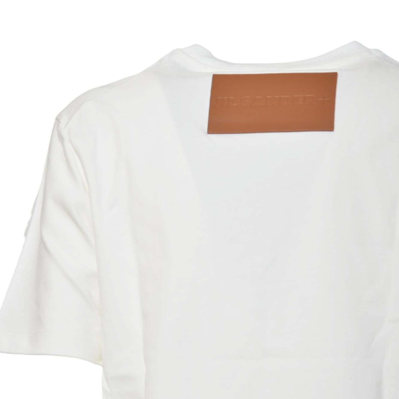 T-shirt girocollo in cotone panna con applicazione in pelle Jil Sander 