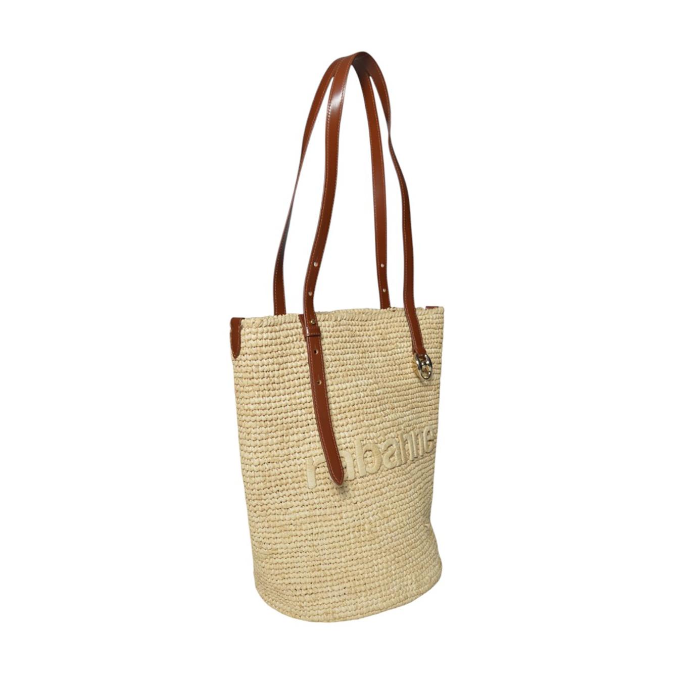 Borsa tote in rafia naturale con logo Rabanne 