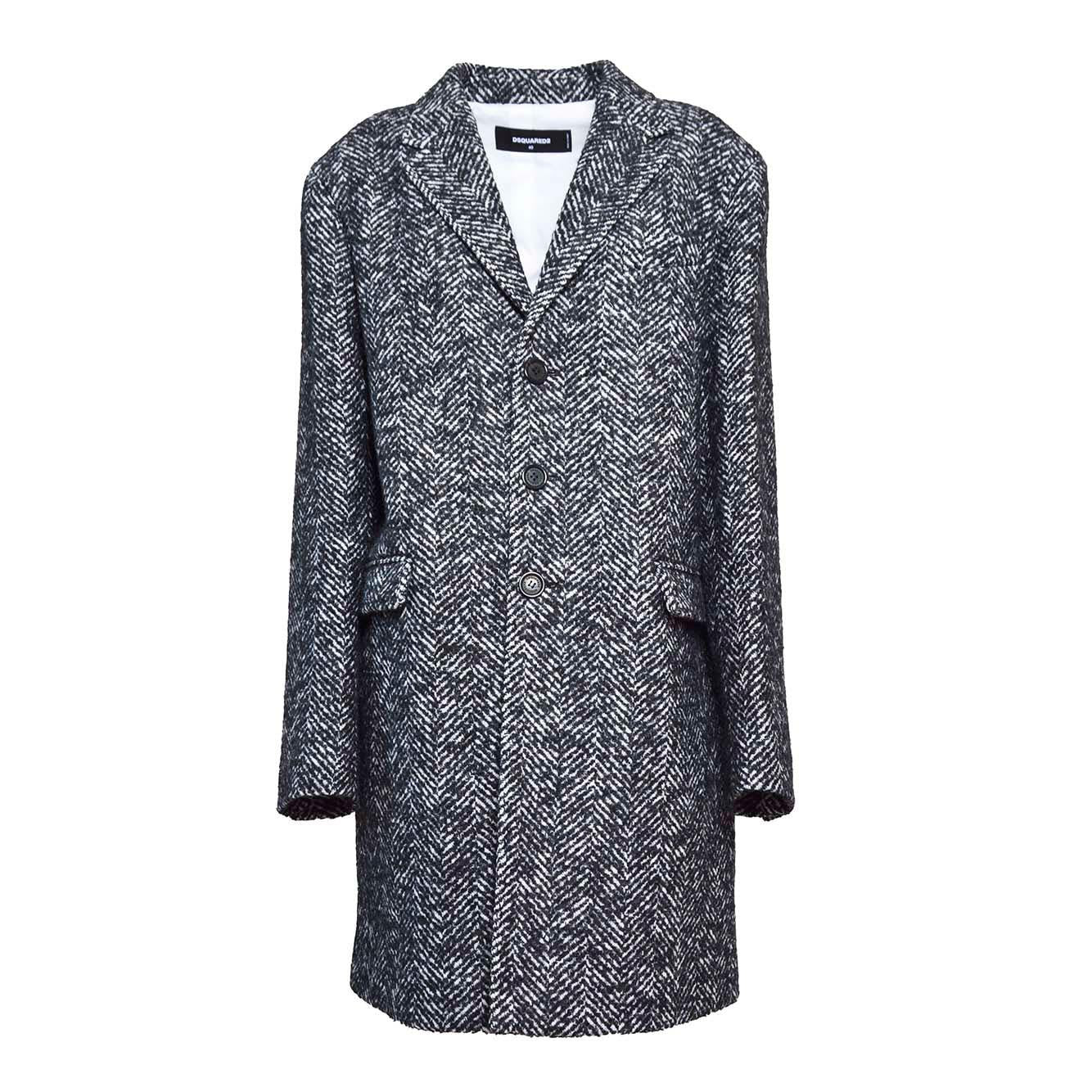Cappotto monopetto in lana motivo chevron bianco e nero Dsquared2 