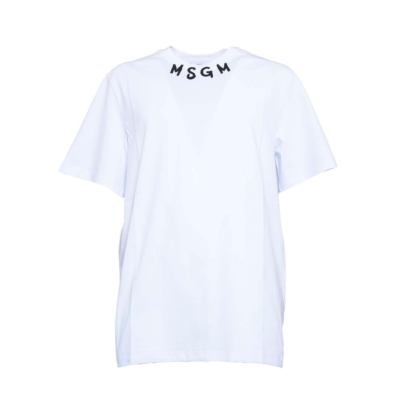T-shirt in cotone bianco stampa logo pennello sul collo MSGM 