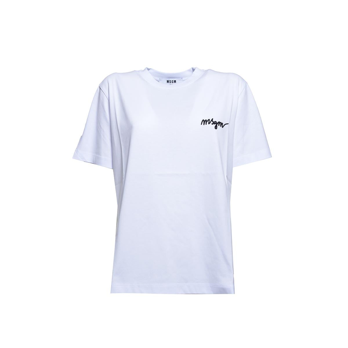 T-shirt in cotone bianco con ricamo logo MSGM 