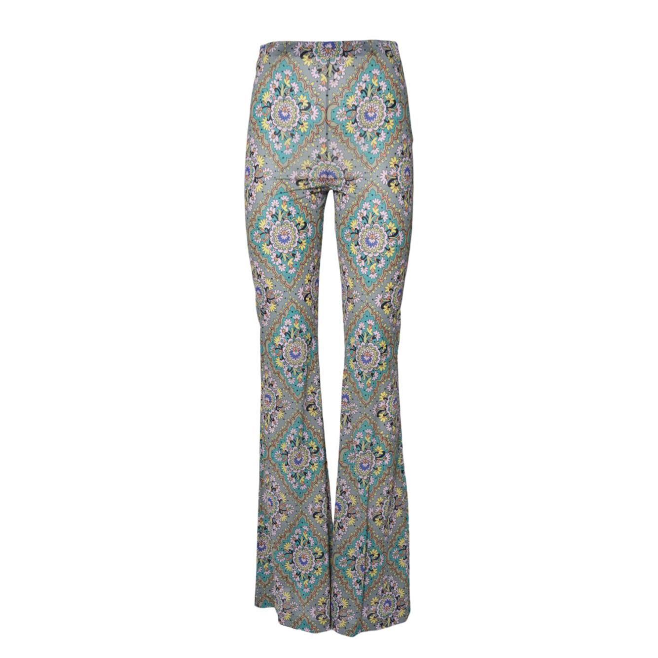 Pantalone flare in viscosa verde stampa medaglioni floreali Etro 