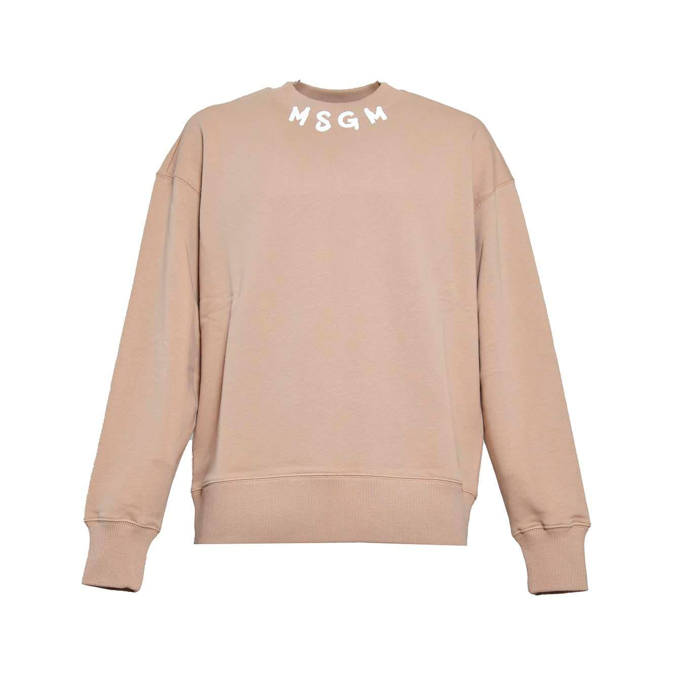 Felpa girocollo in cotone beige stampa logo pennello sul collo MSGM 