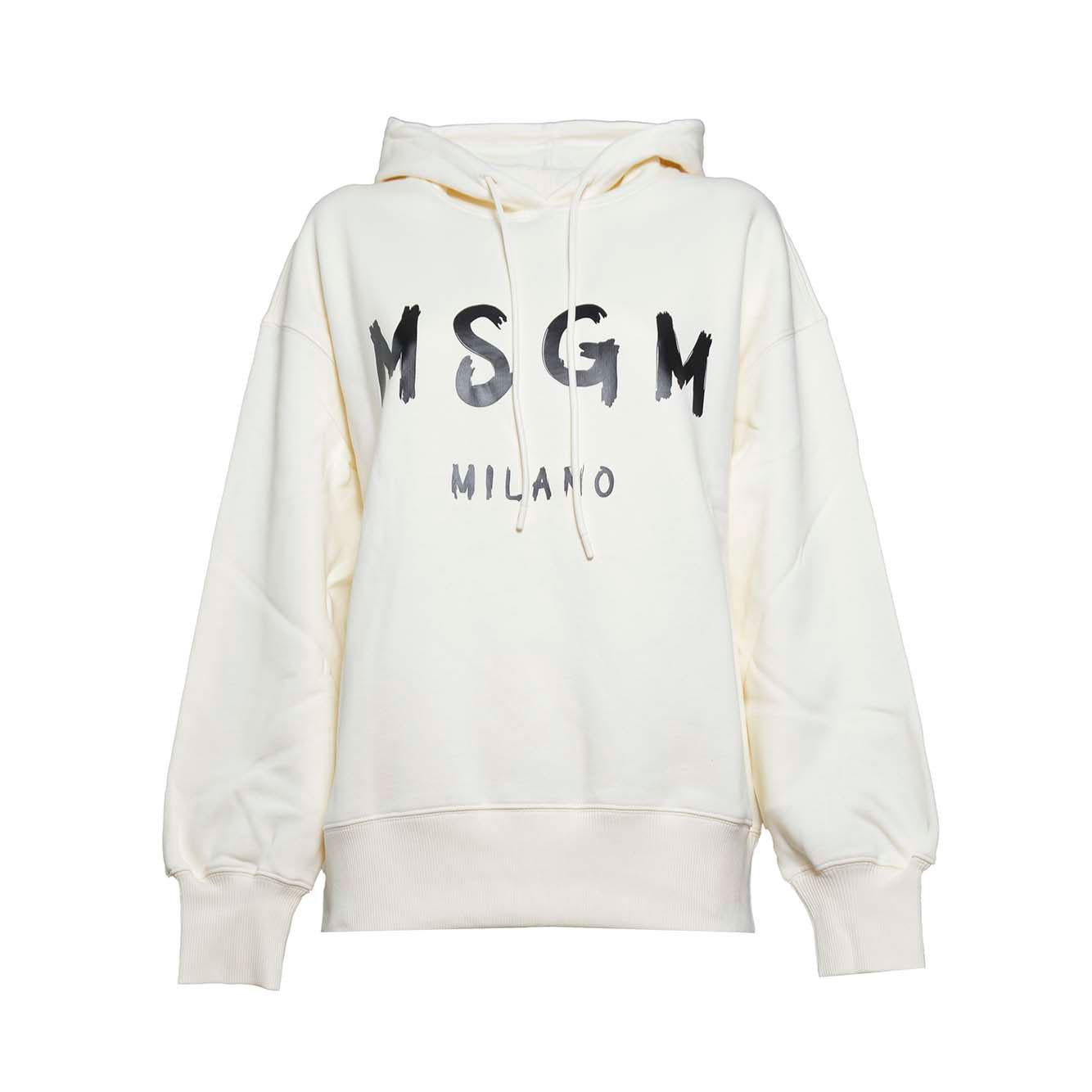Felpa con cappuccio in cotone panna stampa logo pennello MSGM 